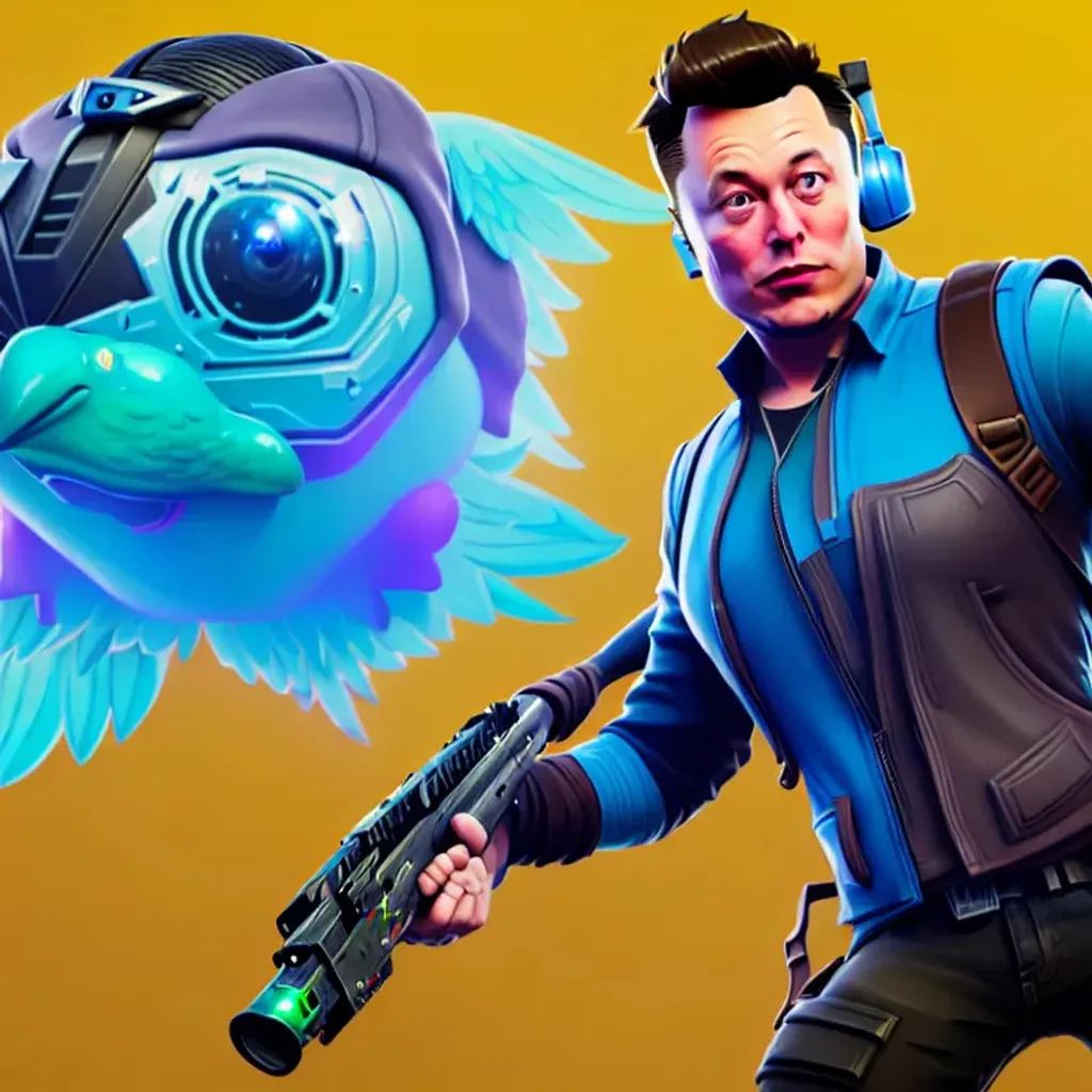 Prompt: Professional portrait of {Elon Musk as a Fortnite skin, looking angry} with an armed blue Twitter bird on his shoulder, {in a green Fortnite landscape}, perfect composition, hyperrealistic, super detailed, 8k, high quality, trending art, trending on artstation, sharp focus, studio photo, intricate details, highly detailed, by greg rutkowski