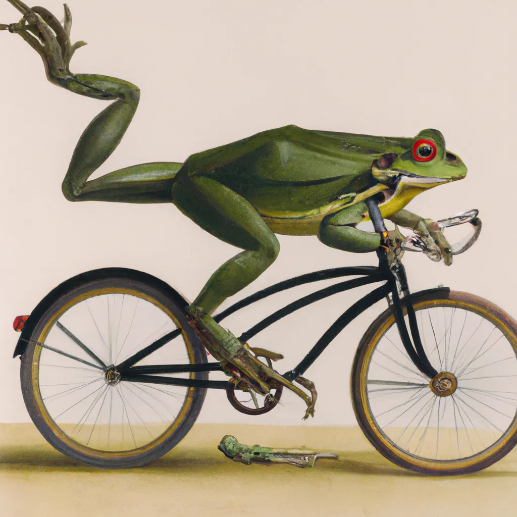 Prompt: 1800s painting of a frog riding a bicycle in style of realism 