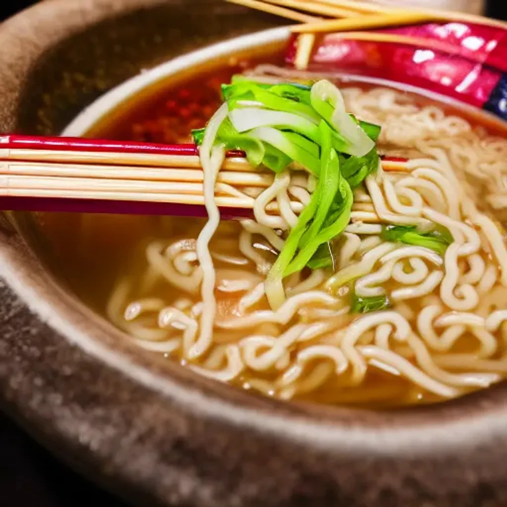 Prompt: A traditional bowl of ramen and a shot of saki in front of a noodle shop, Macro shot, studio lighting