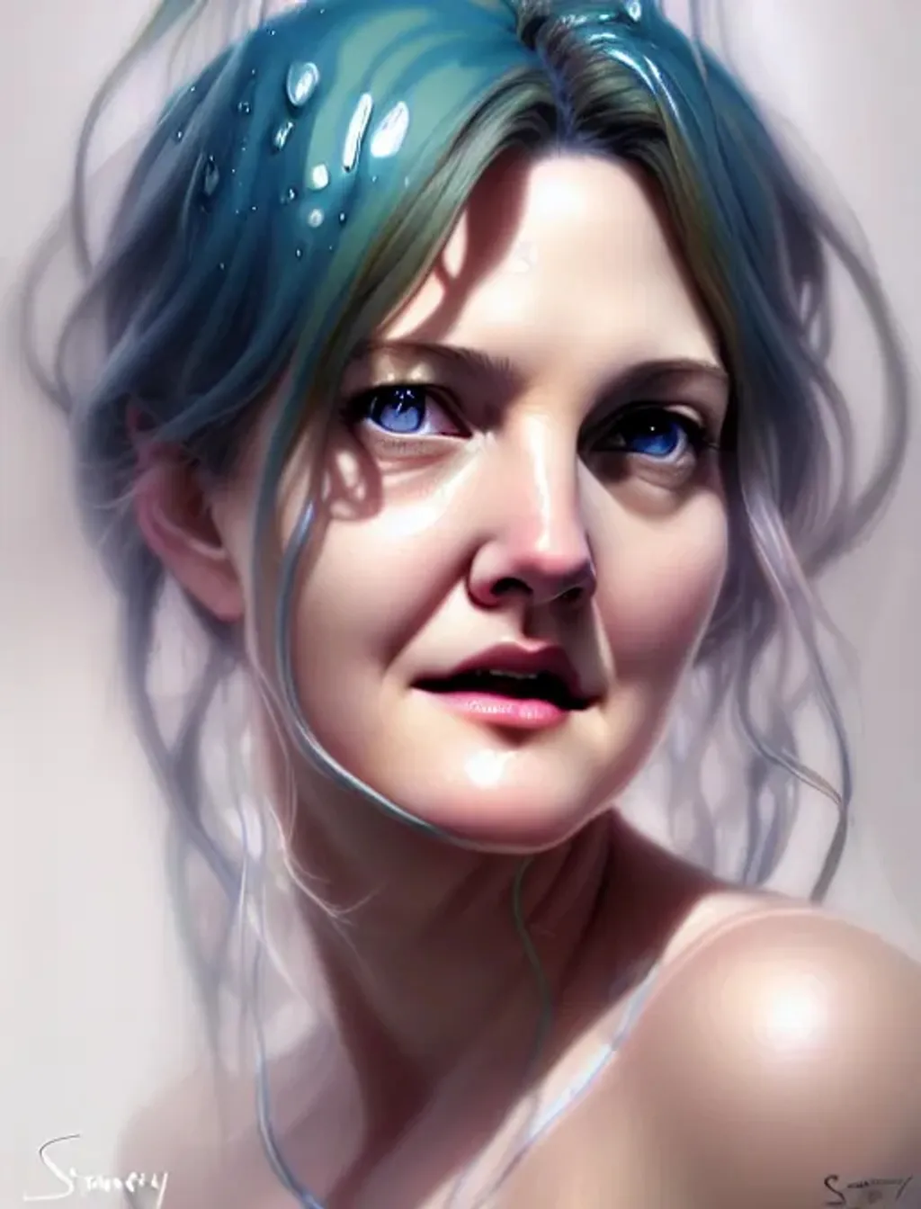 Prompt: A realistic anime portrait of Drew Barrymore in the shower, digital painting, by Stanley Artgerm Lau, Sakimichan, WLOP and Rossdraws, digtial painting, trending on ArtStation, SFW version