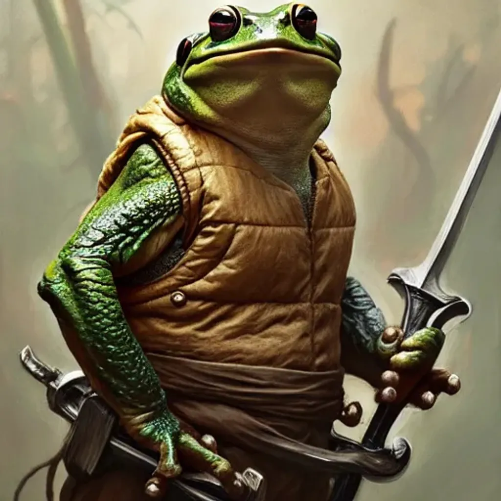 Prompt: Portrait of a man, with the face of a frog, holding a sword, hyperrealistic, super detailed, 8k, high quality, trending art, trending on artstation, sharp focus, studio photo, intricate details, highly detailed, by greg rutkowski