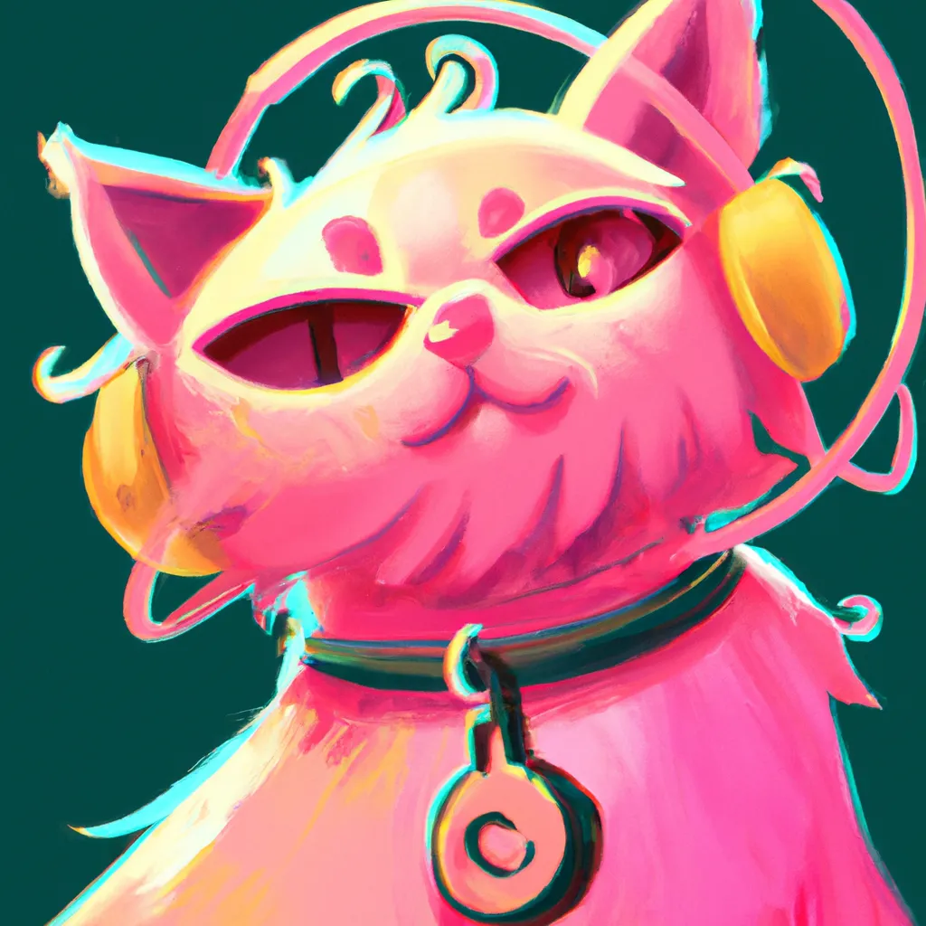 Prompt: cute pink cat with headphones, chunky cat collar with a big bell, long pink pretty hair, well composed, detailed, art

