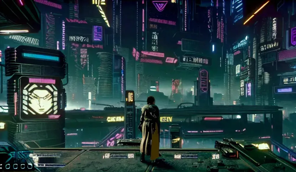 cyberpunk cel-shaded monolithic dark dirty city slum...