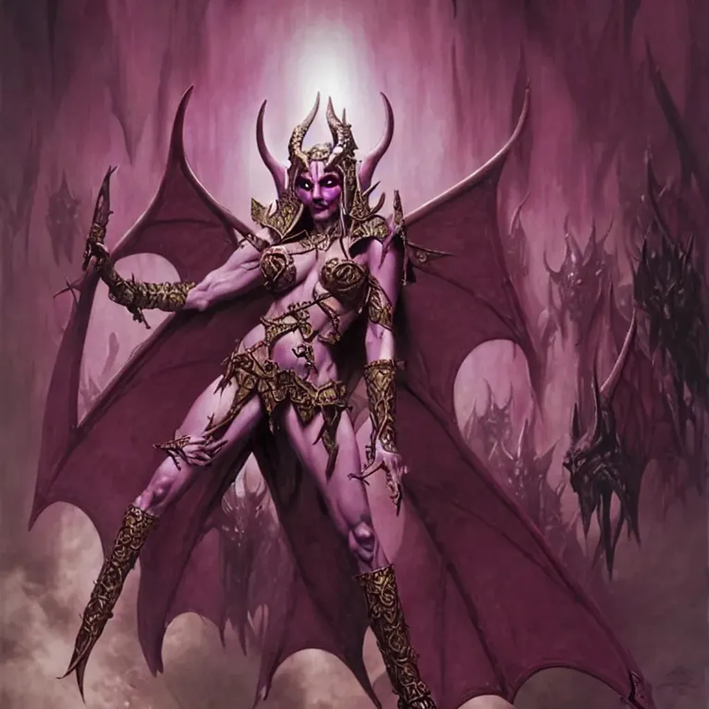 Prompt: good, happy, noble demon elf of slaanesh, chosen of slaanesh, lust, power, dark fantasy art by Mark Simonetti and Juan Giménez, very detailed, oil on canvas