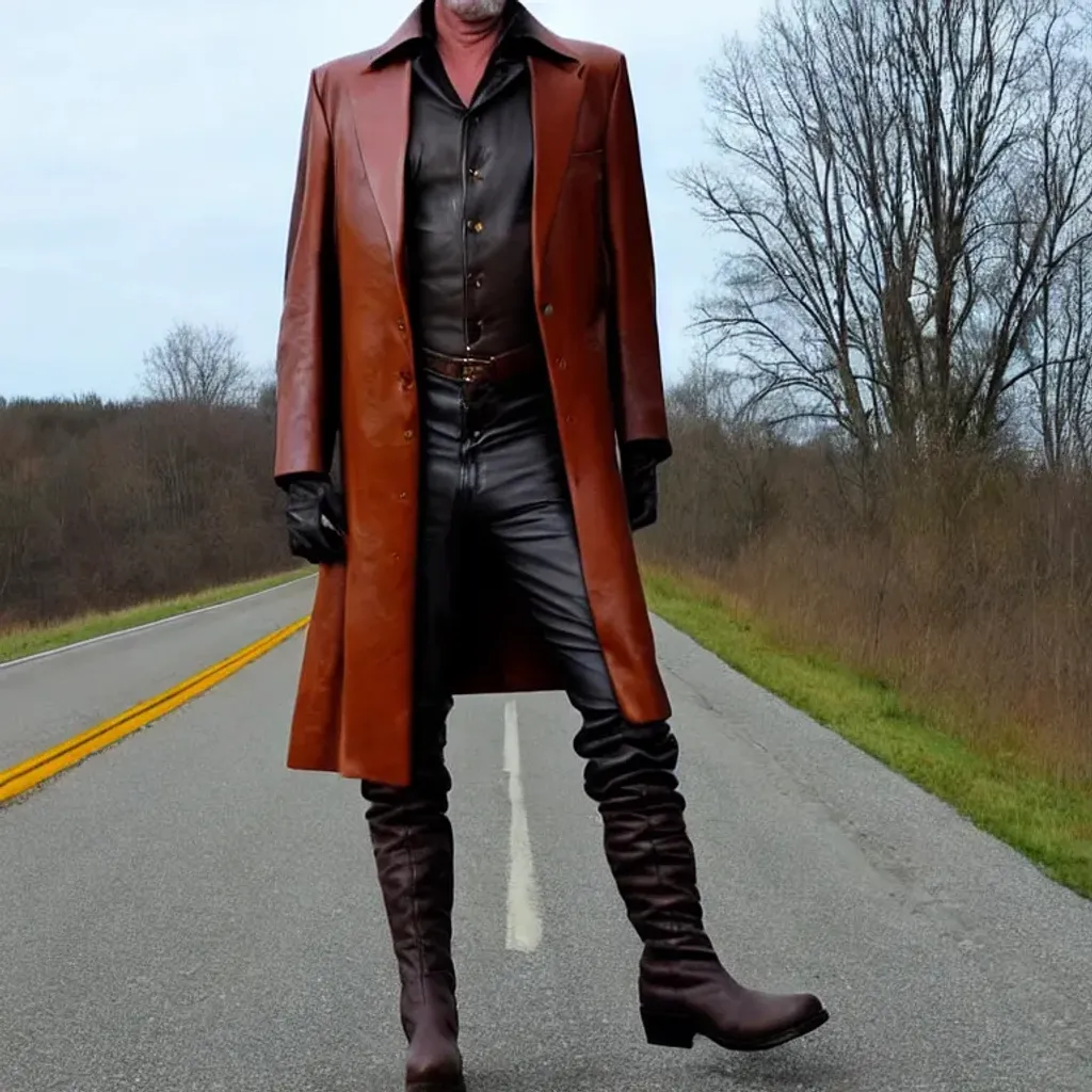 Prompt: Katch saw a tall man standing on the side of the interstate. The tall man was dressed in a dark-rust-color leather long coat and pants, a matching wide-brimmed leather gambler hat, and matching knee-high leather hobnail boots. The metal fasteners, hobnails, clasps, and rivets in the tall man's clothes were all dark-rust-color as well. Katch noticed that the man had reddish-tan skin. The tall man was 7 feet 9 and a half inches in height. 