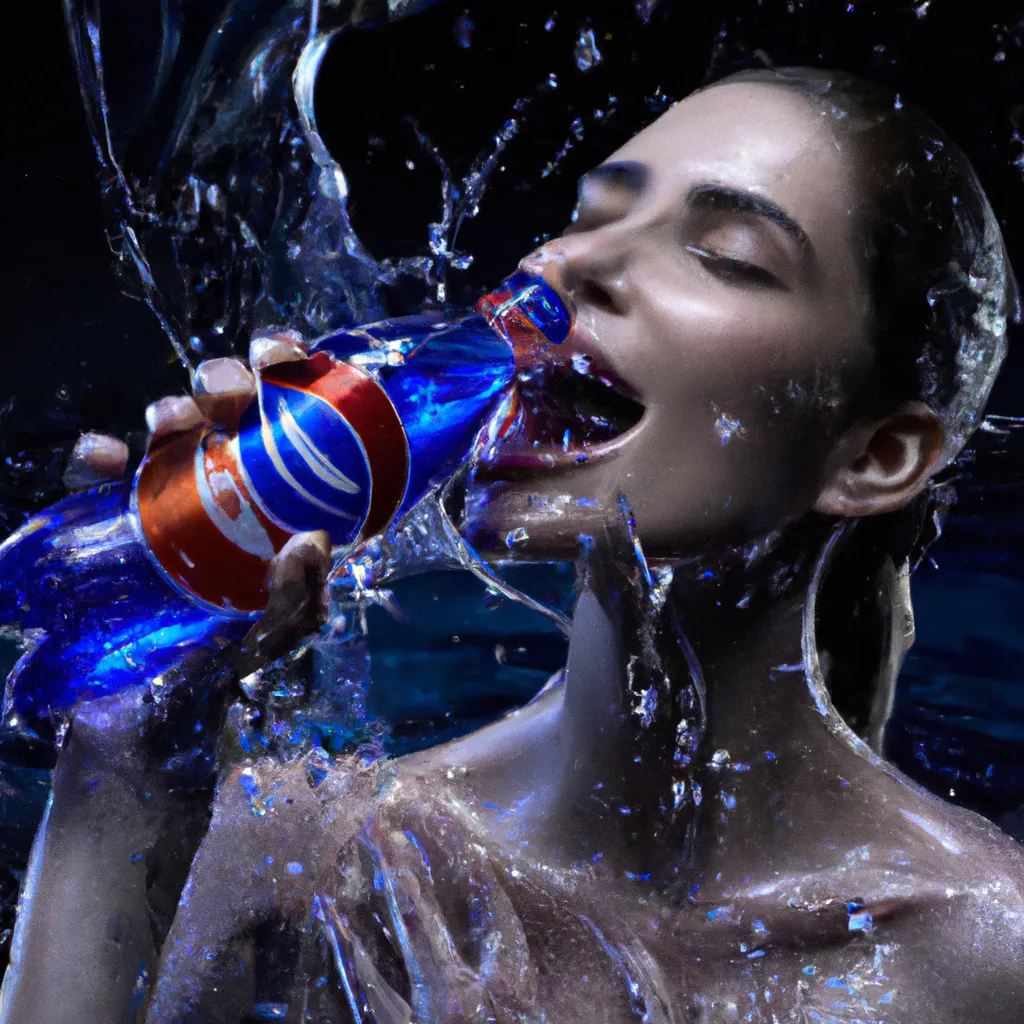 Prompt: An advertisement shooting- Photorealistic hyperrealistic close up high speed render of a  beautiful girl drinks out of a Pepsi bottle. splashing water hugs around the bottle like a beautiful fine body with beautiful smooth curves, dark background, beautiful highly detailed droplets, reflections and refractions, condensation, dark studio backdrop, Beautiful studio lighting, Nikon Z7, ISO 400, Sigma 85mm f4.5 DG DN, aperture f/11, exposure 1/2000, studio lights, centered, high speed camera, studio lighting, crisp sharp focus, isolated background. What part of sharp focus are you not understanding?