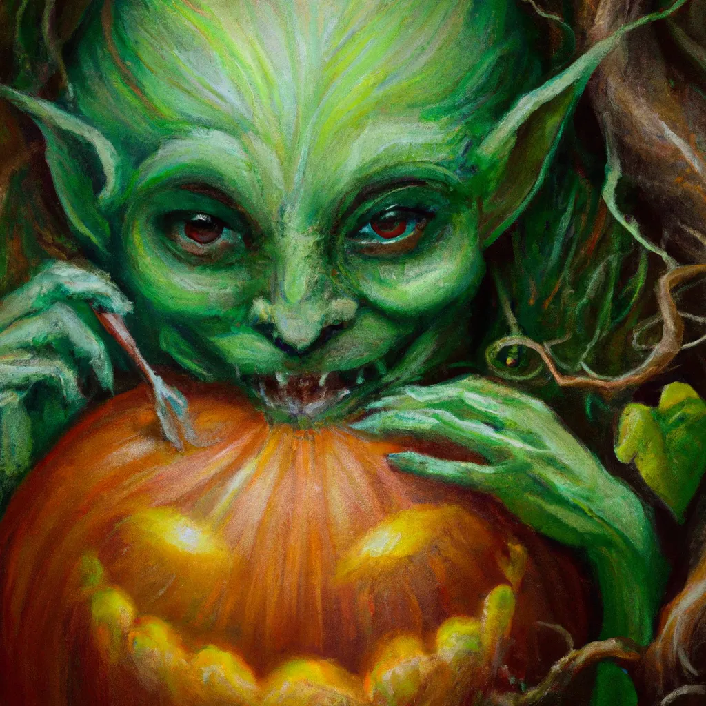 Prompt: MONSTER terrifying pumpkin being carved by an evil pumpkin bald goblin vines by Anna Dittmann. John Goblikon. Incredibly detailed, maximalist matte painting. Portrait of a God. Colorful, bright, hues of green. 8K resolution, HD, DSLR, polished, realistic oil painting