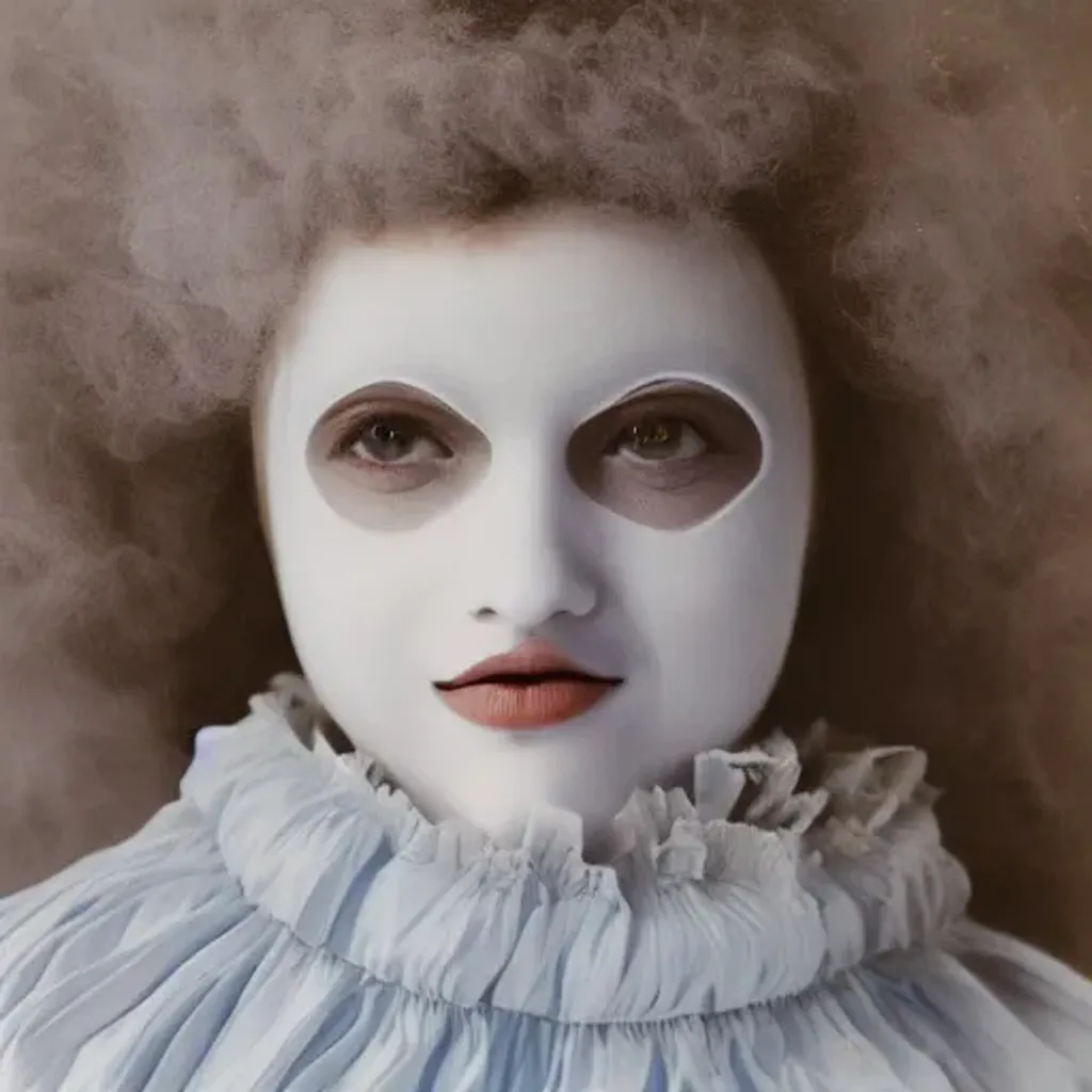 Prompt: kodak portra 1 6 0 3 5 mm photograph of pierrot phantomim, 8 k ultra - detailed, real photography, hightly detailed, hyper realistic, photographic, focuses on the nuances of the human face and subtle shifts in tonal value, silhouette composition, neutral, cool - toned palette, fluid patterns, powerful composition, opaque paints