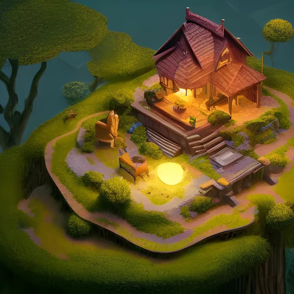 Prompt: isometric diorama of a beautiful fantasy home with lush surroundings and inviting mood, cinematic lighting, trending on artstation, 4k, hyperrealistic, focused, high details, unreal engine 5, cinematic