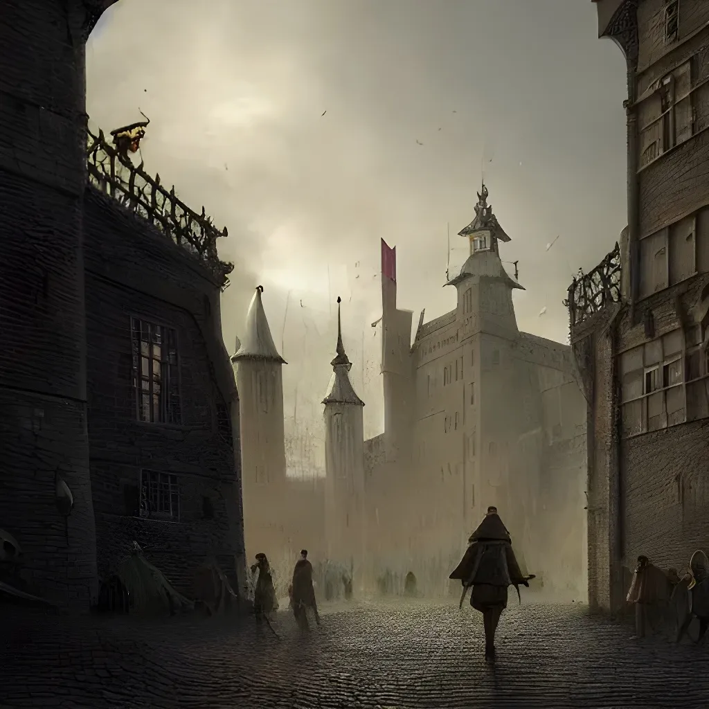 Prompt: Piet walking through a crowded castle gate in distance , Hd, dystopian, ground level, 8k, intricate, Night Time, concept art, by Willem van Veldhuizen