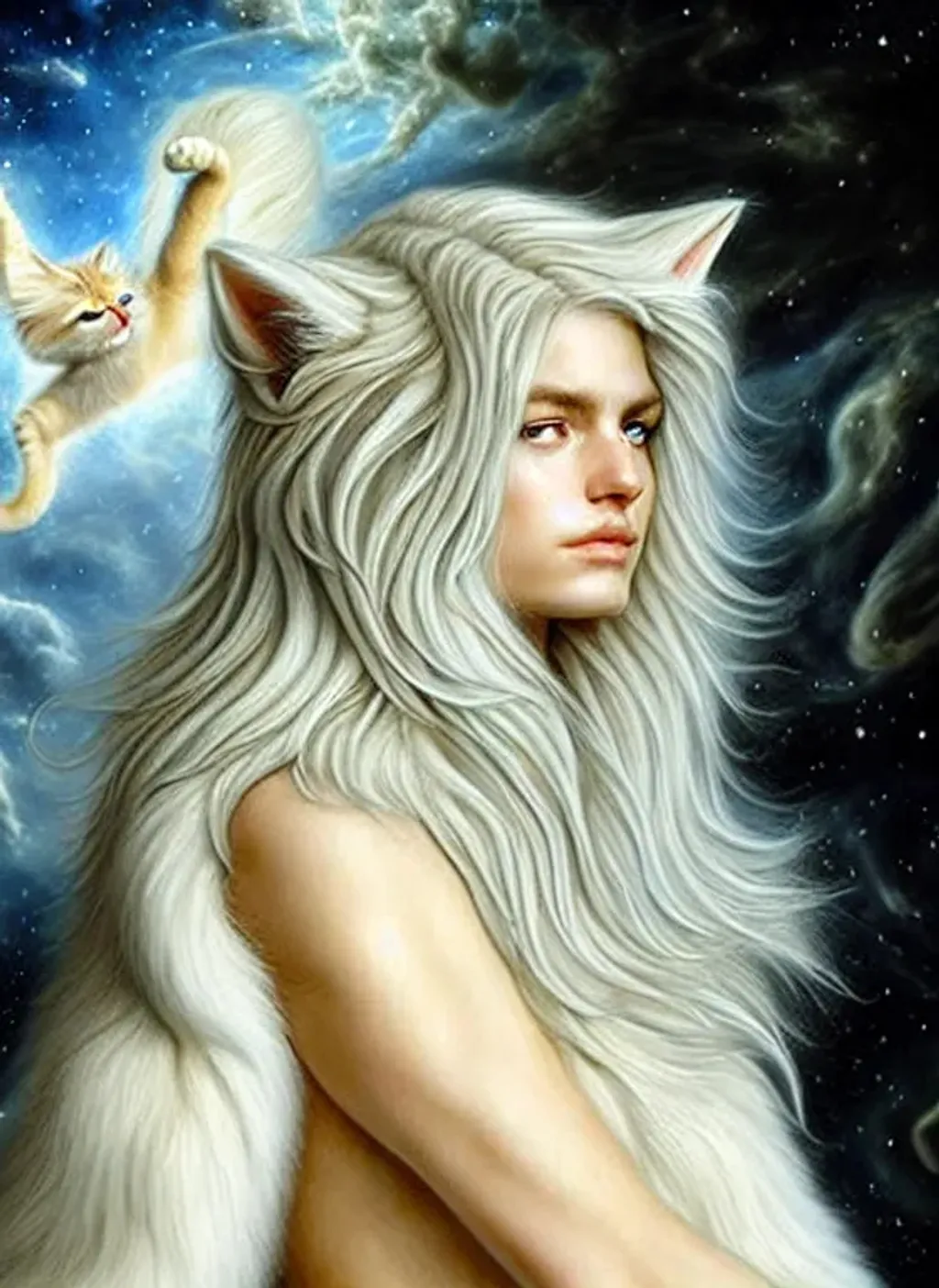 Prompt: young cat human shapeshifter with flowing wavy white hair soft white body fur wearing  high silver boots, fashion model style, detailed and intricate, elegant aesthetic, ornate, hyper realistic, fantasy airbrush art by Rubens, Donato Giancola, symmetrical facial features, accurate anatomy, volumetric clouds, god rays, stars, nebulae, fractal murmuration of crystals, high radiance, sense of awe, sharp focus, hyper-detailed, hyper-realistic, subtractive lighting, cinematic lighting, Poser 128k UHD Octane pi, fractal, fBm