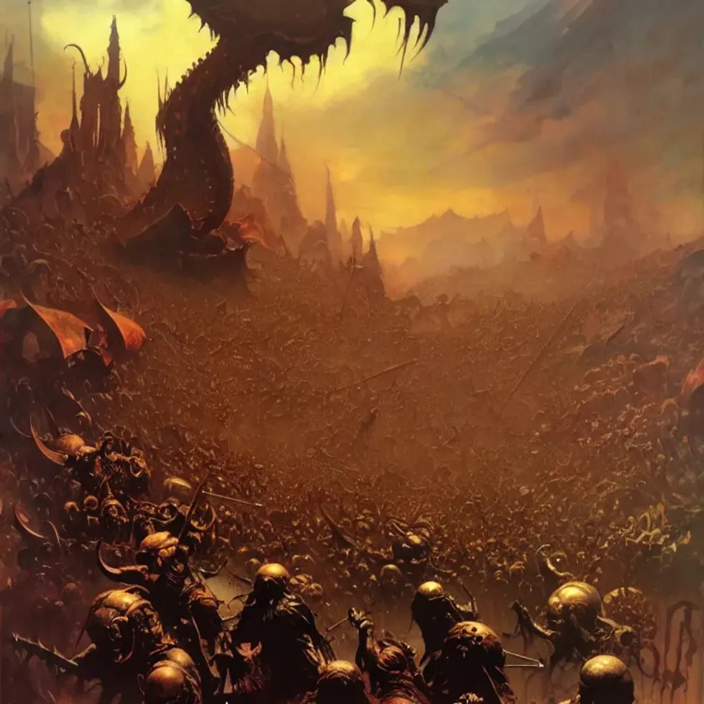 Prompt: Armies of the eldritch gods, banners, fantasy art by Frank Frazetta, by Marc Simonetti, highly detailed, oil on canvas