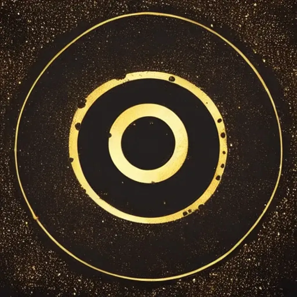 Prompt: a black circle with gold paint splatters on a white background, by Esaias Boursse, shutterstock, black cloak hidden in shadows, (((((((no glow))))))), gold rings, eternal eclipse, charcoal skin, rich decaying bleeding colors, black line art, omega, anti-aliased, google images search result