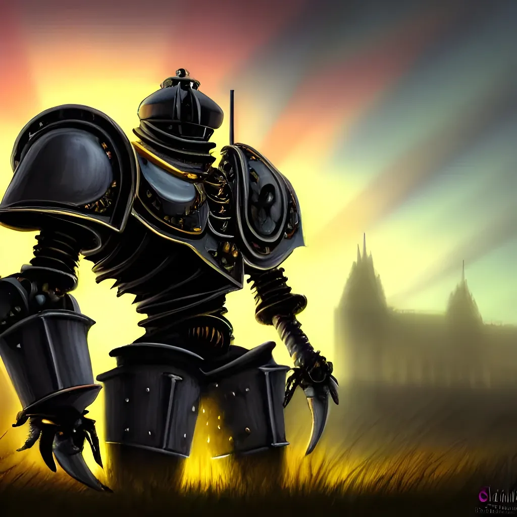 Prompt: fantasy mechanical knight, sunset in clauds, ultra detailed, open plan