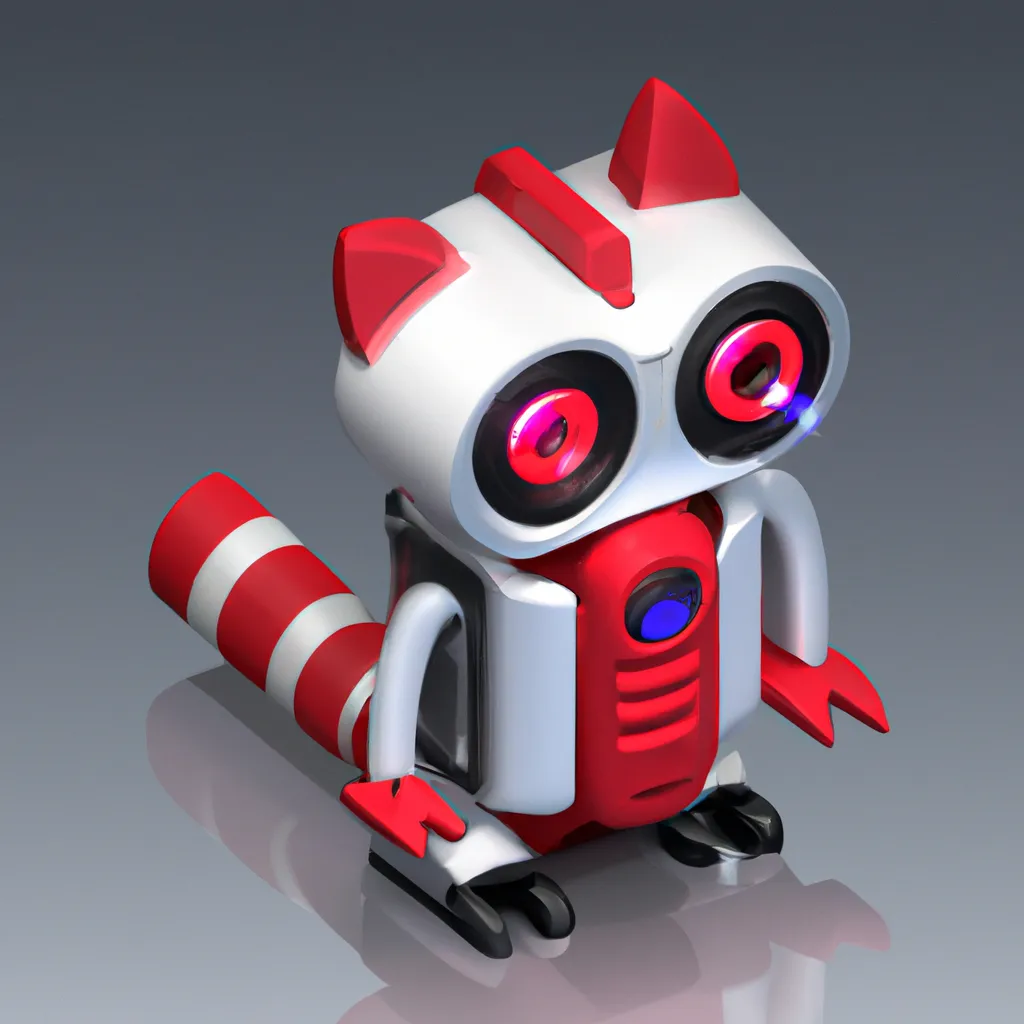 Prompt: 3d render of a red and white raccoon robot, led eyes, isometric

