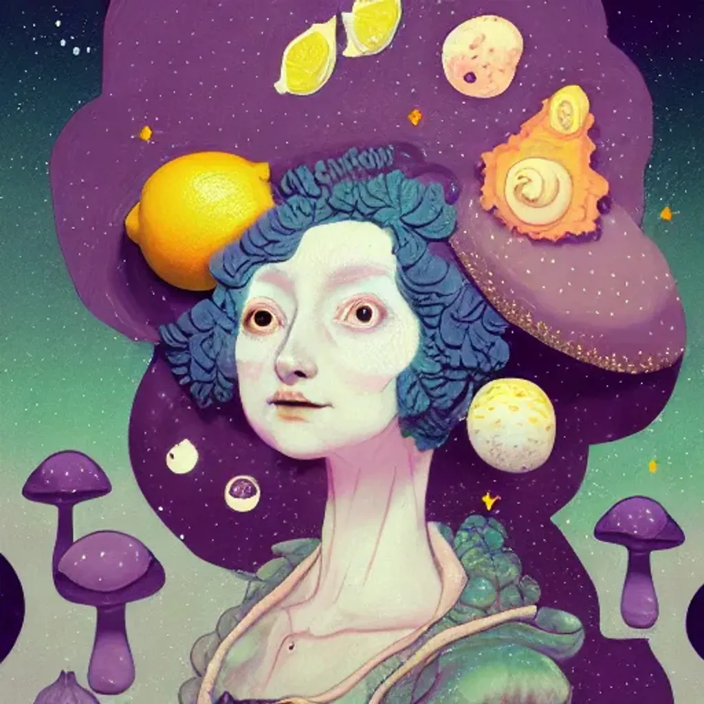 Prompt: Rococo Pastel character portrait, witch, lemons, close portrait, mushrooms, stars, planets, hq, fungi, celestial, moon, galaxy, stars, victo ngai, Ryan Hewett 
