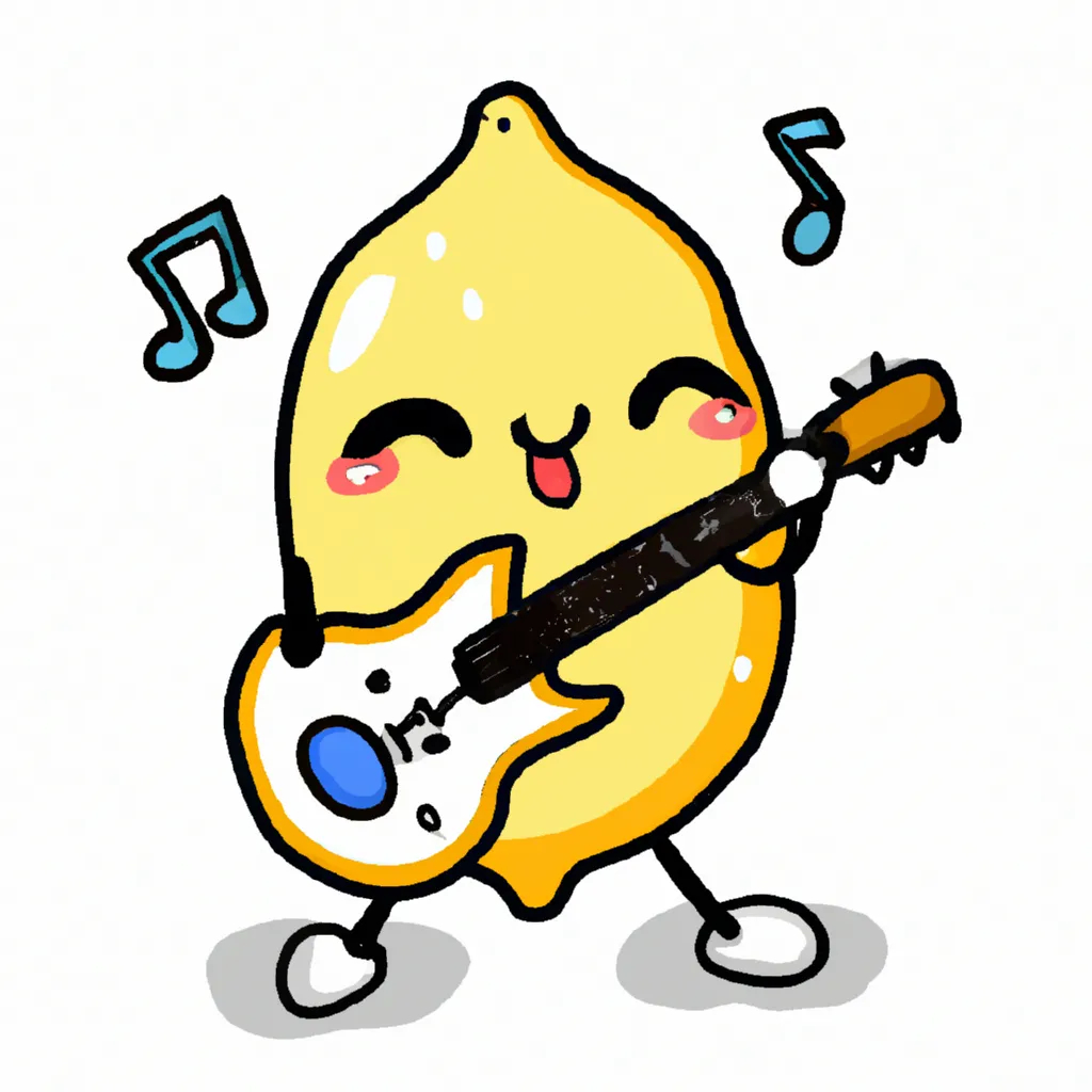 Prompt: a cute, happy, kawaii, cartoon lemon playing an electric guitar