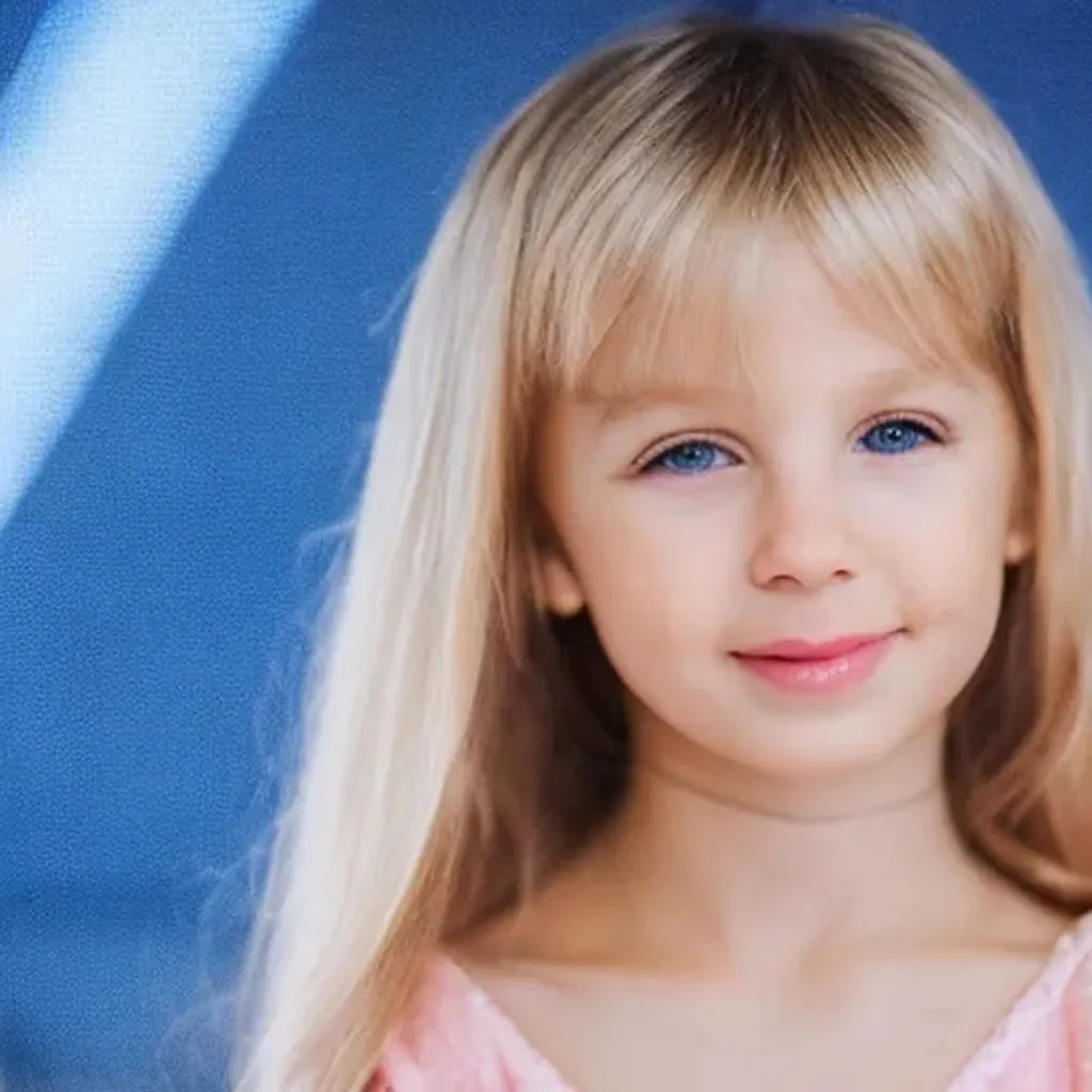 Prompt: Closeup face portrait of child girl, smooth soft skin, sharp eyes, beautiful intricate white hair, soft pink lips, symmetrical, anime wide blue eyes, soft lighting, detailed face, soft lighting, gently shy smile, detailed face, looking into camera, spaceship on the background