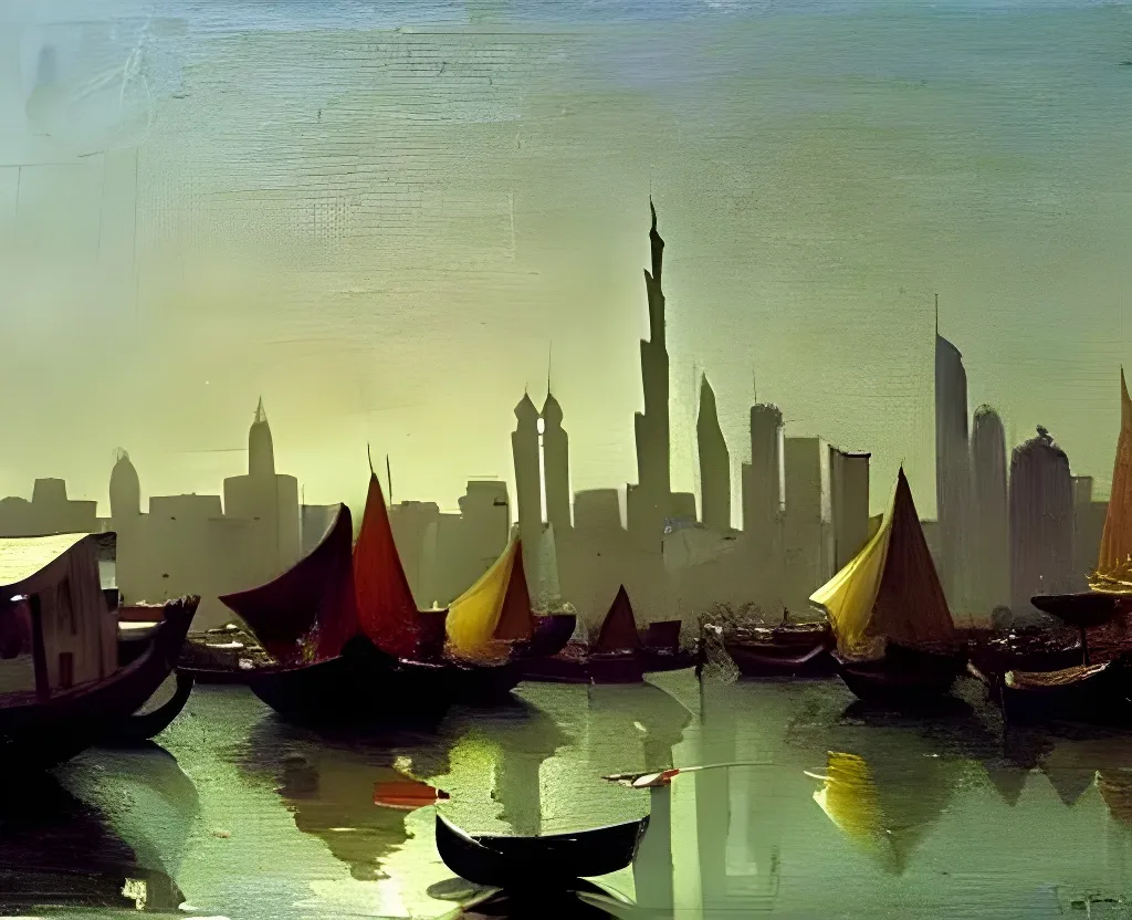 Prompt: beautiful oil painting of dubai creek many arabian people crowded on small boats water ripples reflections gazing sunlight, pale colour scheme, oriental arabesks, edward hopper canaletto
