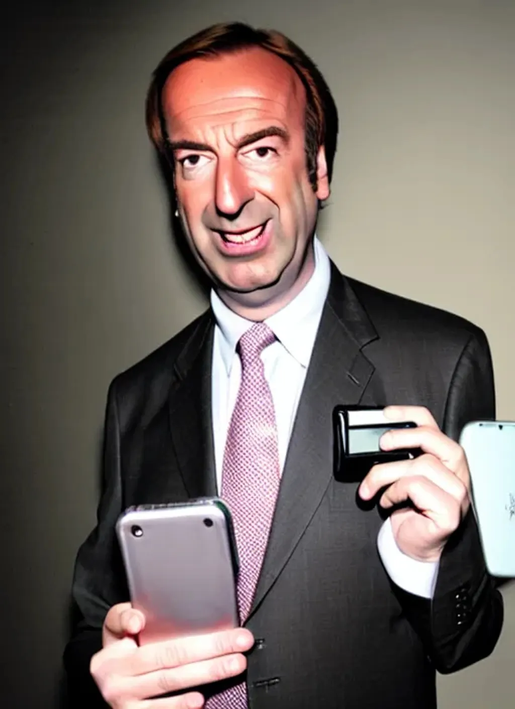 Prompt: Saul Goodman holding a phone, photograph taken in 2009