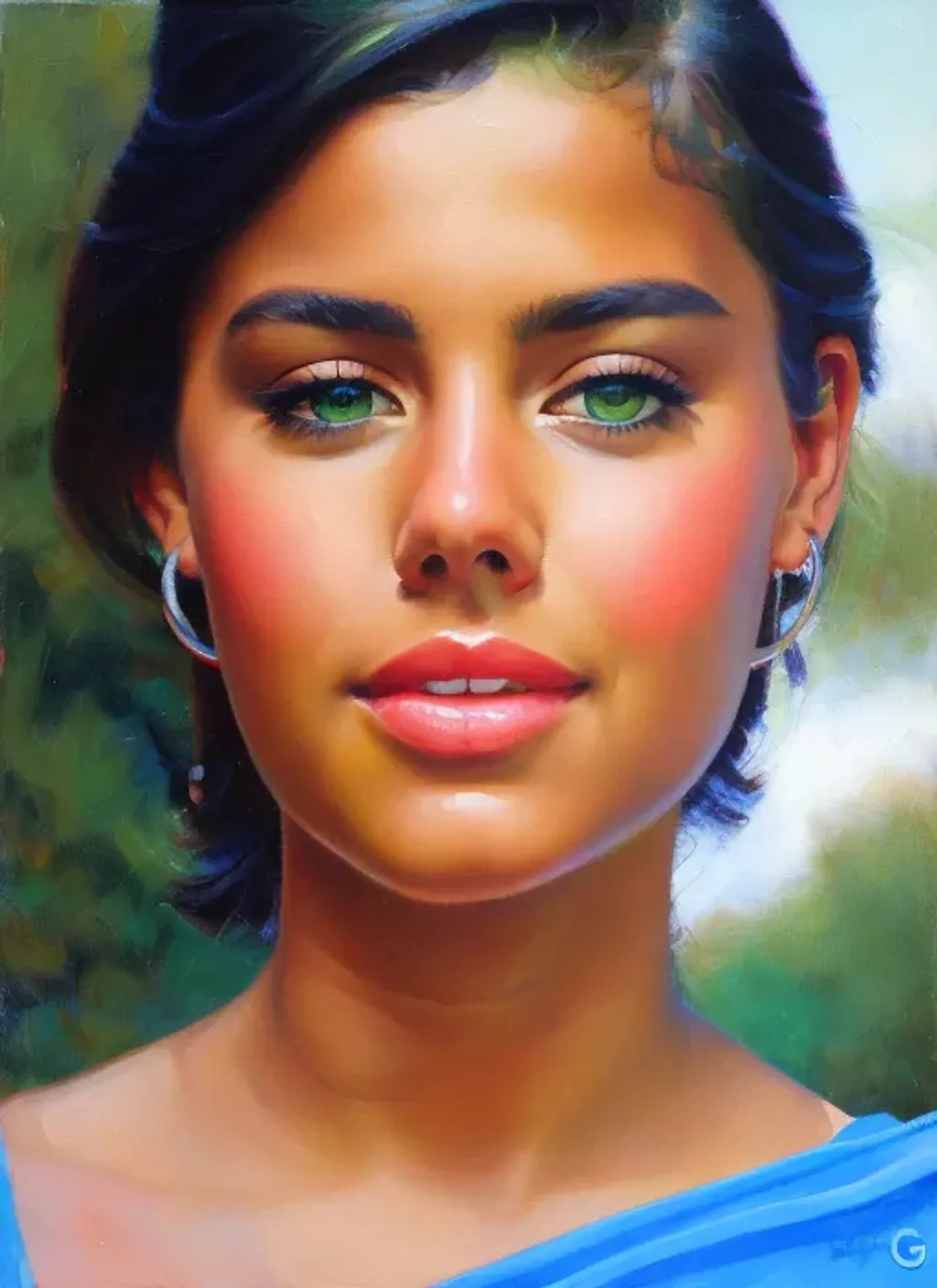 Prompt: Facial portrait of a pretty cute teen girl, hispanic, tan olive skin, black hair, short hair, green eyes, rainy weather, shirt, wet, vivid colors, looking at the camera, extremely detailed painting by Greg Rutkowski and by Henry Justice Ford and by Steve Henderson