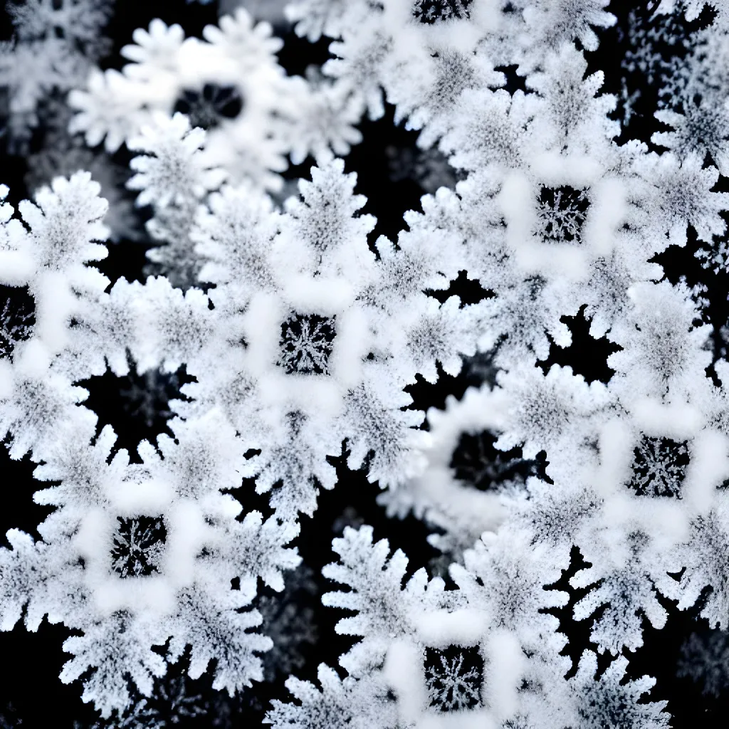 Prompt: professional photograph of a winter landscape, frozen flowers macro, black and white, 24k highly detailed, shutterstock, bokeh