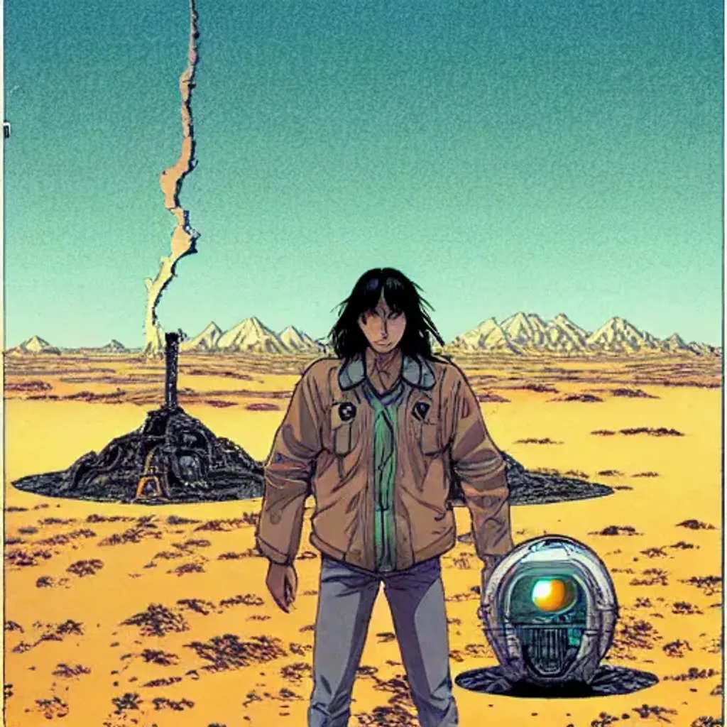 Prompt: Man with long dark hair standing in alien dessert next to destroyed robot, by Makoto Kobayashi, by Moebius, by Jean Giraud, manga, anime style, 80's, Intricate, Hand drawn, concept art, grainy color, dim lighting, Anime Key Visual, beautiful composition