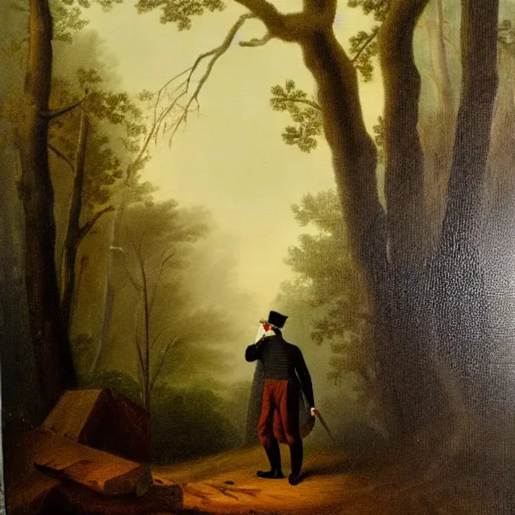 Prompt: 1800s painting of dark man standing far away in deep dark forrest, rainy and fog