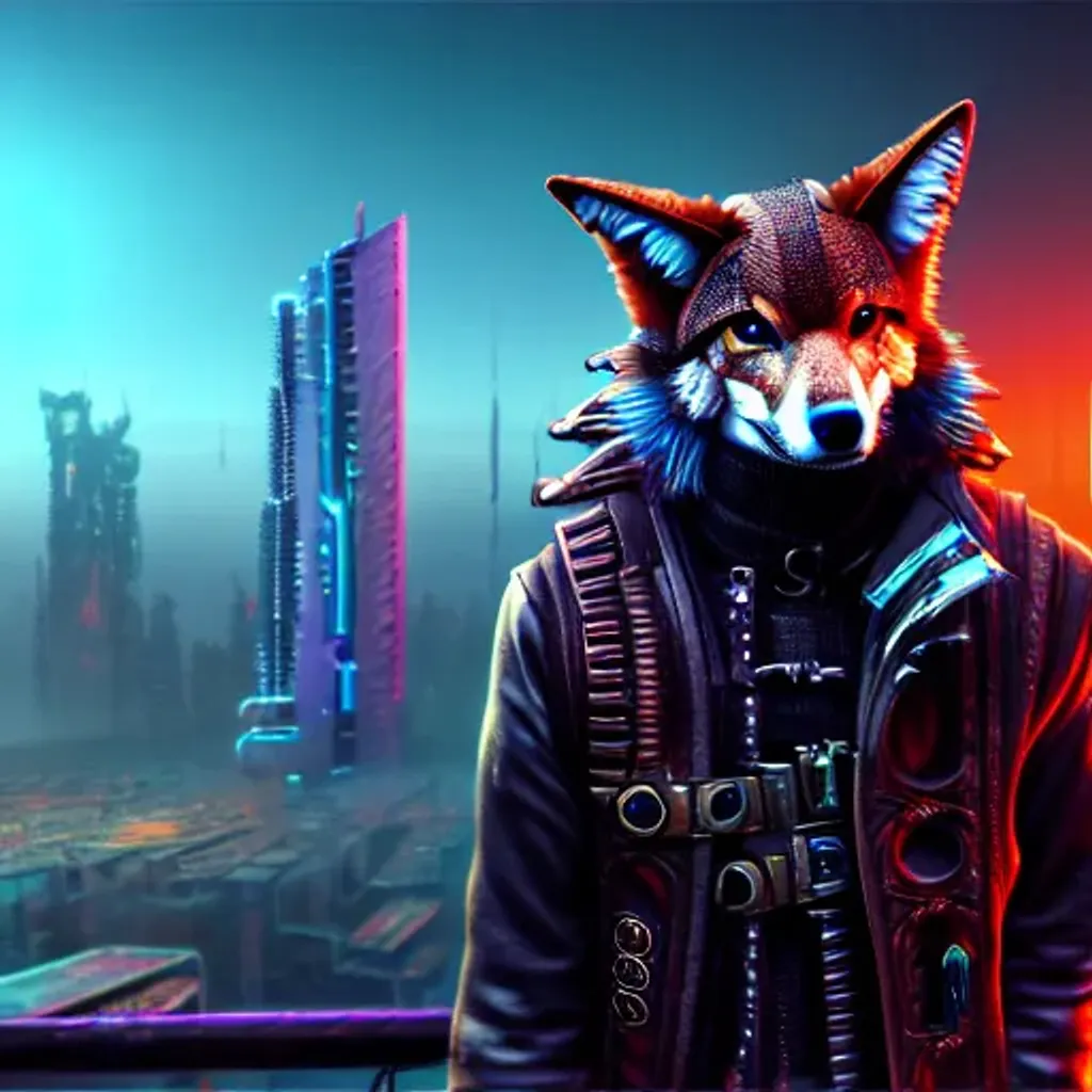 Prompt: Cyberpunk Pirate coyote in cyberpunk city detailed matte painting, deep color, fantastical, highly detailed eyes, detailed fur, detailed cloths, intricate detail, splash screen, complementary colors, fantasy concept art, 8k resolution trending on Artstation Unreal Engine 5 3d