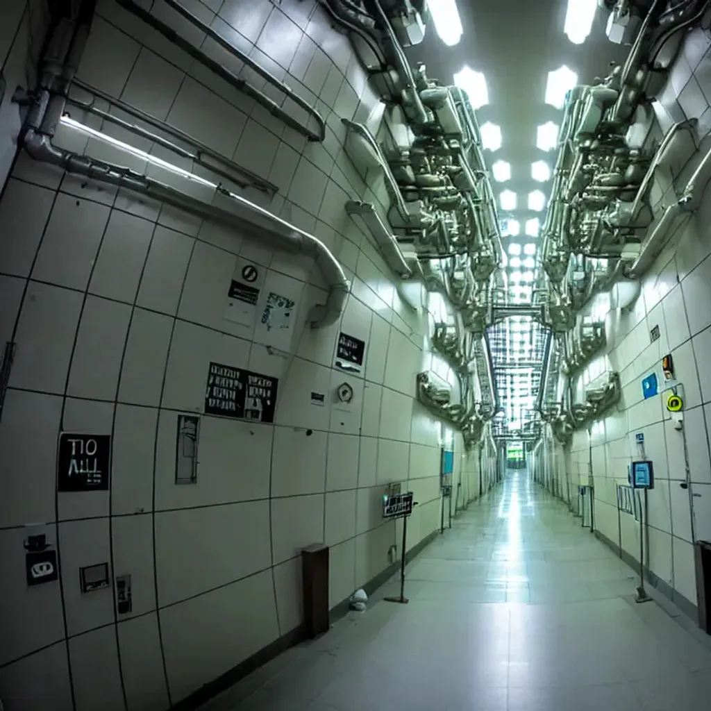 Prompt: a nuclear reactor full of endless hallways and corridors.  