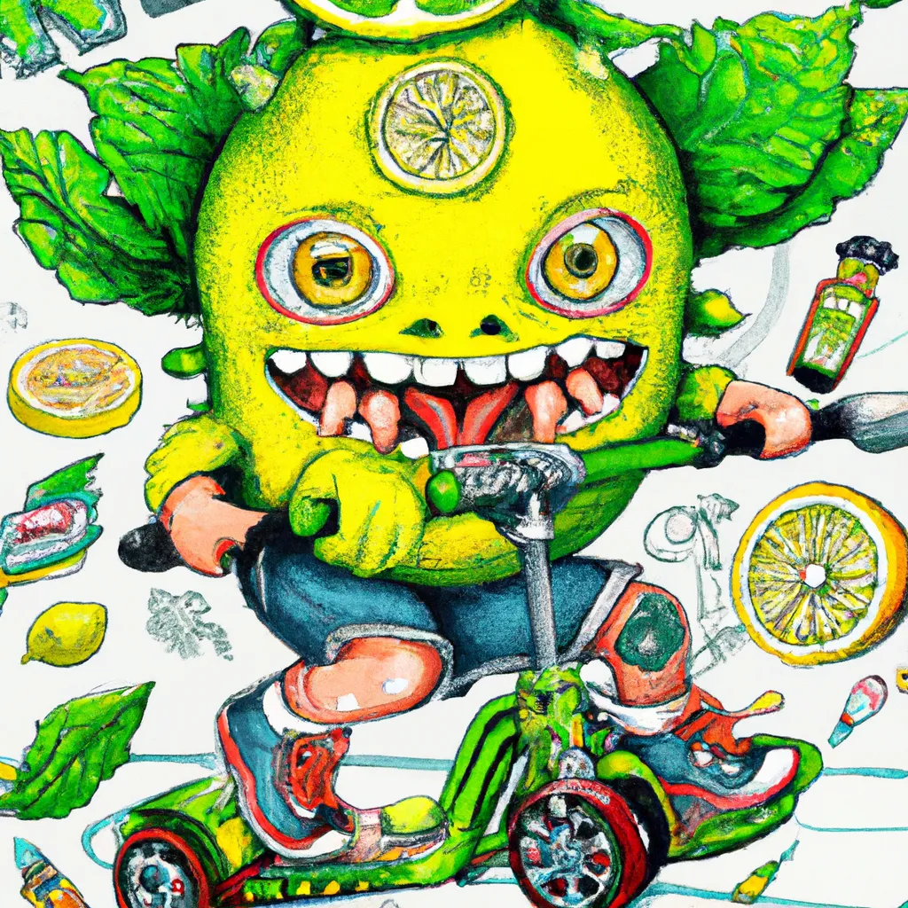 Prompt: cute and funny, a lemon character wearing green high top sneakers and a helmet riding an e-scooter with  an oversized engine, ratfink style by ed roth, centered award winning watercolor pen illustration, isometric illustration by chihiro iwasaki, edited by craola, tiny details by artgerm and watercolor girl, symmetrically isometrically centered, hypersonic, 8k, stunning quality, octane render, trending on artstation, sharp focus, studio photo, intricate details, highly detailed, by greg rutkowski