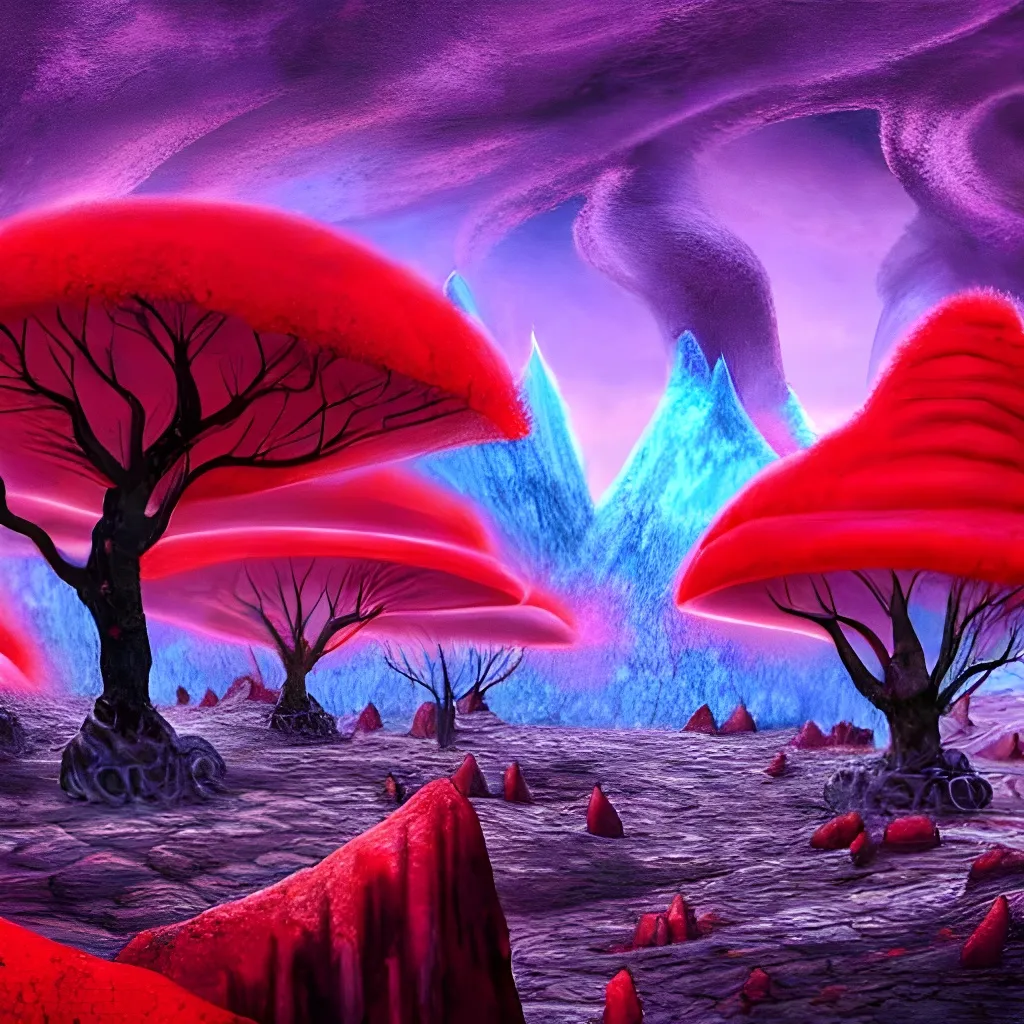 Prompt: fantasy lava village in the ice mountain with strange red stone trees, lava raining from the sky, digital art, highly detailed, fantasy art style