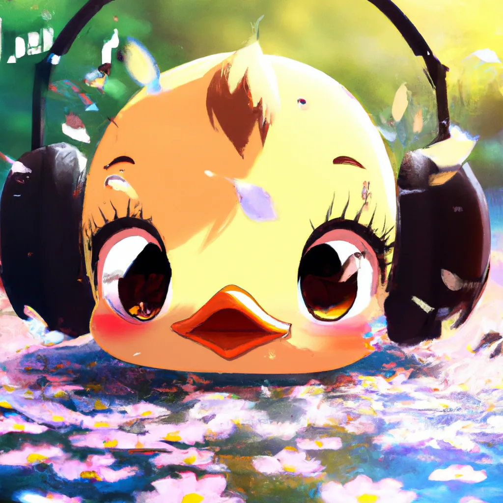 Prompt: a key anime visual of a cute adorable duckling made out of flower petals listening to music, happy, digital Art, forest background, perfect composition, beautiful, trending on pixiv, 8 k concept art, cinematic, soft lighting, anime visual, official media, spy x family, call-shaded. detailed, detailed face, a still from Bambi, animated poster