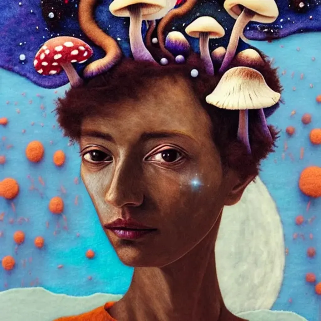 Prompt: Felt fabric portrait by Ryan Hewett, Beautiful woman with dark brown skin, mushrooms growing out of her hair, hq, fungi, celestial, portrait, victo ngai, moon mushrooms, Jan van Eyck, galaxy, moon, stars 
