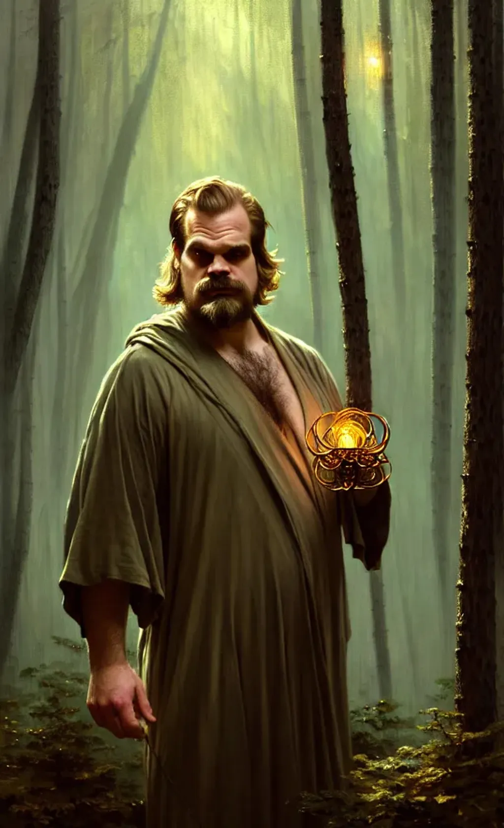 Prompt: Cute David Harbour, intricate wispy beard, wearing intricate mages robes, summoning a mythical golden boar, in a pine forest temple, WLOP Gustave Doré, Full body portrait, 8k resolution concept art portrait by Greg Rutkowski, Artgerm, WLOP, Alphonse Mucha dynamic lighting hyperdetailed intricately detailed Splash art trending on Artstation triadic colors Unreal Engine 5 volumetric lighting Epic cinematic brilliant stunning intricate meticulously detailed dramatic atmospheric maximalist digital matte painting 8k resolution concept art by Greg Rutkowski dynamic lighting hyperdetailed intricately detailed Splash art trending on Artstation triadic colors Unreal Engine 5 volumetric lighting Alphonse Mucha WLOP Jordan Grimmer orange and teal