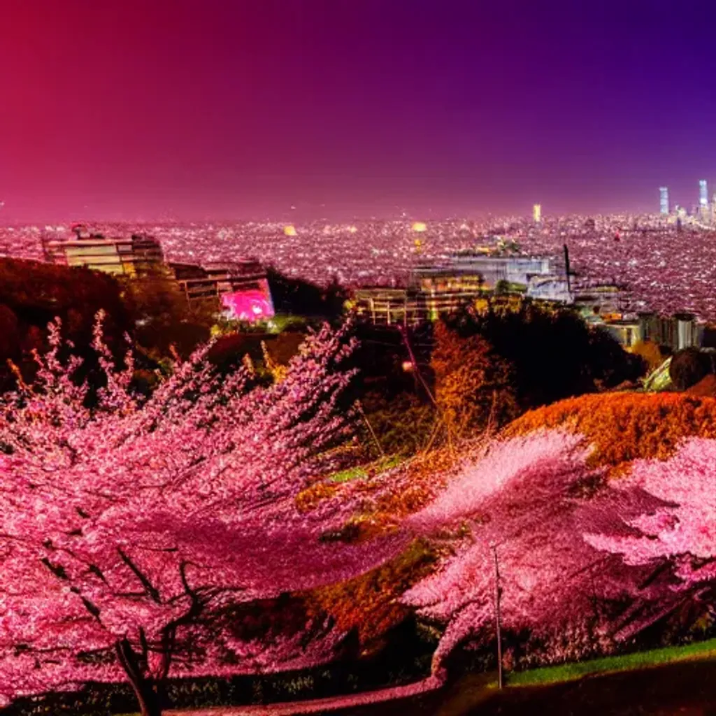 Prompt: cherry blossom trees on a hill in autumn at night, with city skyline in the background
