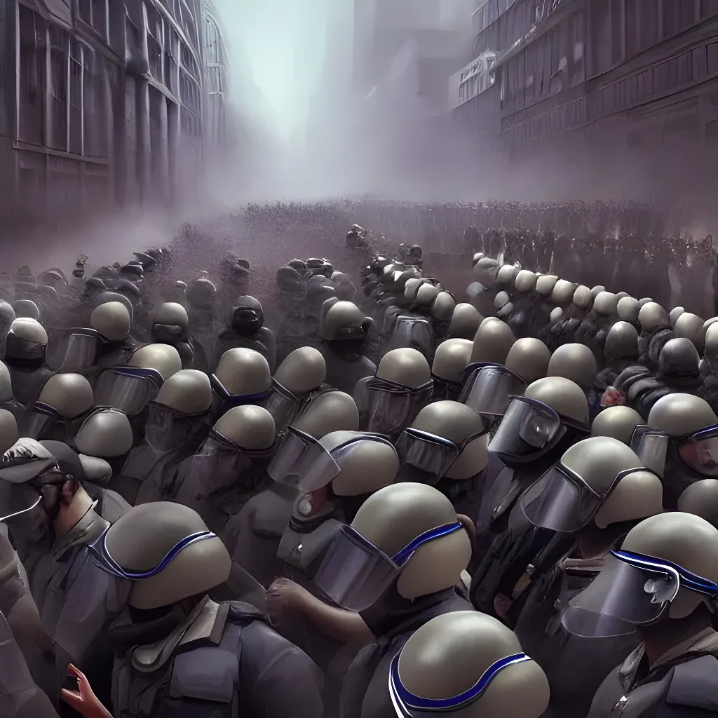 Prompt: police lined up, standing against the crowd of protesters with blank posters, concept art, intricate details, highly professionally detailed, cgsociety, highly detailed