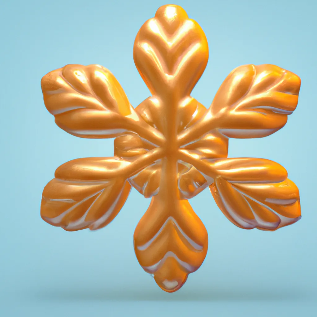 Prompt: 3D render of a cute golden rounded snow flake in a clay style, frontal view, sky blue background, substance 3d painter, blender, smooth texture, warm lighting, high resolution, trending on behance.net, by Nintendo