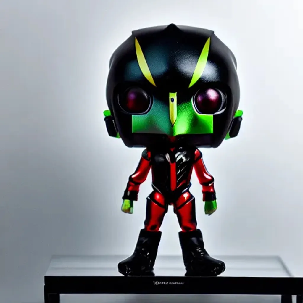 Prompt: Funko pop Kamen Rider figurine, made of plastic, product studio shot, on a white background, diffused lighting, centered