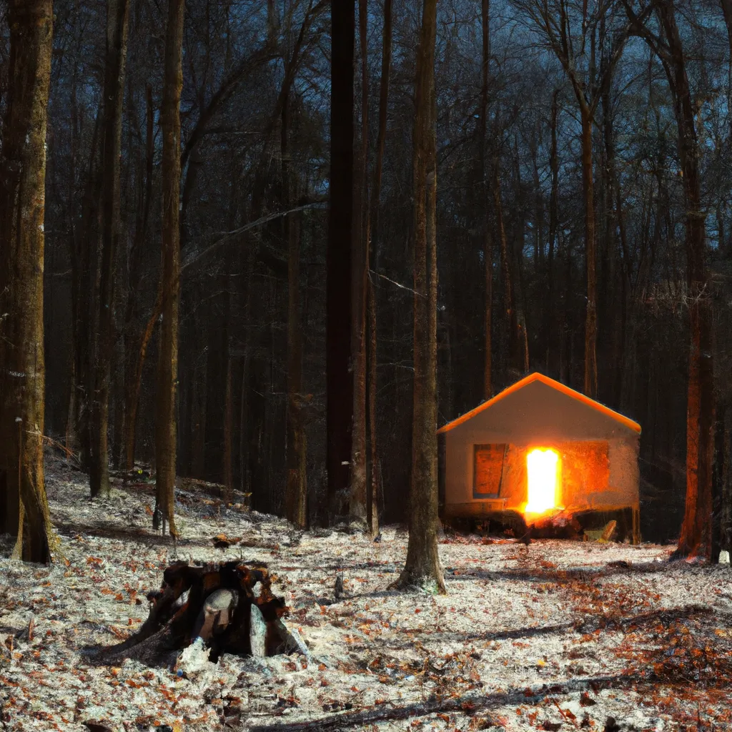 Prompt: A cabin in the woods with snow long exposure campfire 