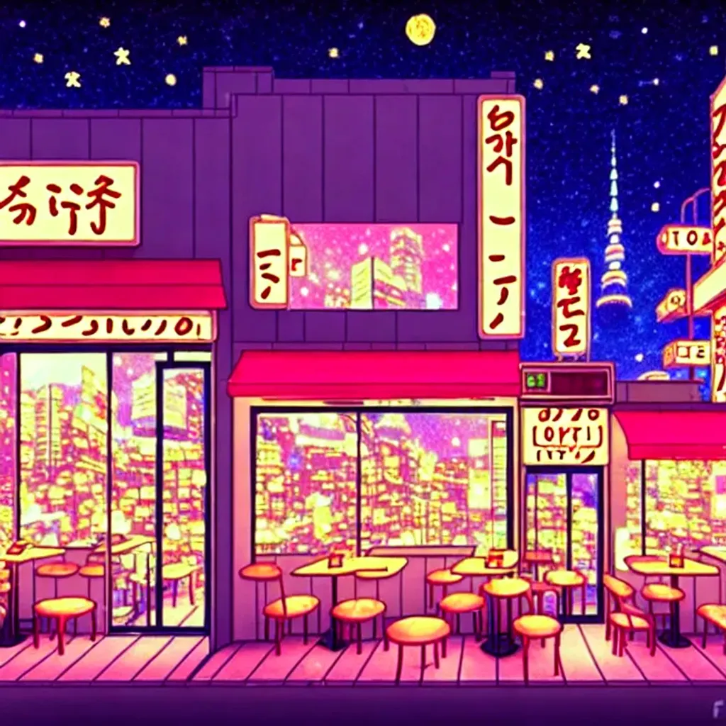 Prompt: Animated Lo-Fi tokyo cafe at night with enchanting lights and starry night sky anime