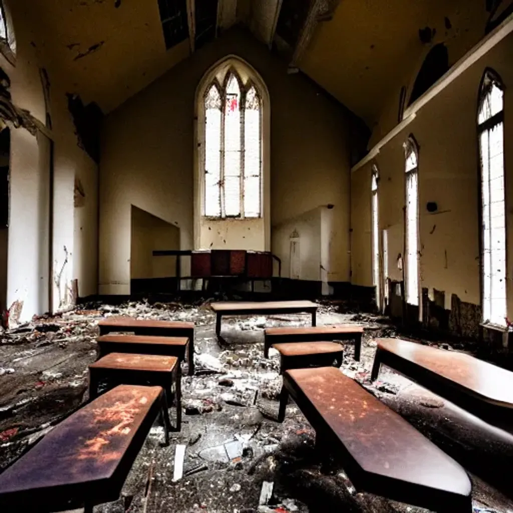 inside abandoned church, broken benches, moody light... | OpenArt