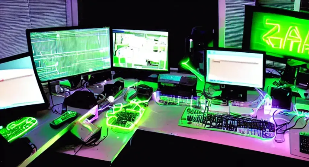 Prompt: y2k hacker pc setup, multiple screens, neon green lighting, various electronic gadgets and monitors, dark room, cables all over