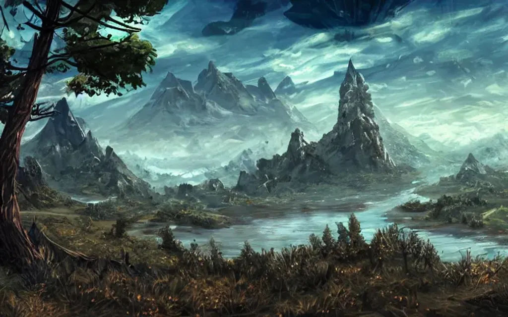 Prompt: landscape, video games, elder scrolls, morrowind, blades, swords, fantasy, dragons, mountains, fields, trees, retro, tall trees, river, water, color blue, color green, ariel view, blue sky, bright blue, bright green, battle, warriors, mages, wizards, witches, orcs, trolls, fantasy city in the distance, day time, bright, 80s dark fantasy film, 80s dark medieval film, 80s fantasy film, 80s medieval film, fantasy village, fantasy castle, fantasy stronghold, fantasy city, fantasy video game, townsfolk, dragons, tamriel, fantasy buildings, defined fantasy city, elder scrolls city, vvardenfell, volcano, red mountain, balmora, sedya neen, caldera, netch, bull netch