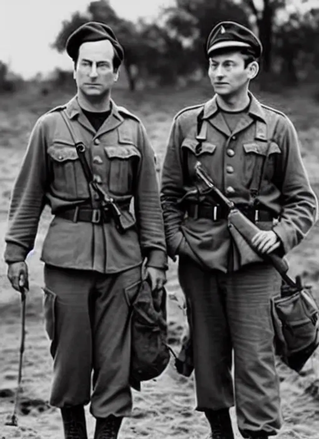 Prompt: Photograph of Bob Odenkirk and Tobey Maguire as soldiers in World War II, black and white