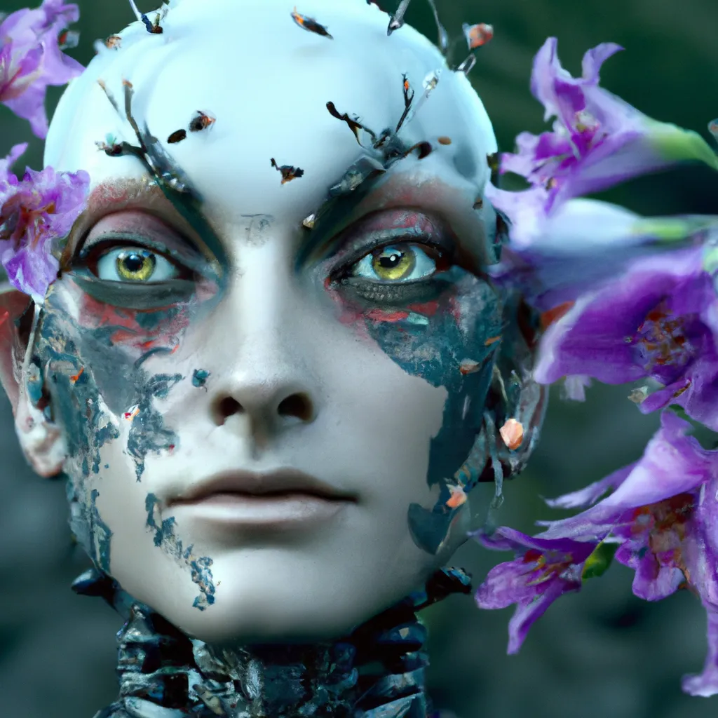 Prompt: Portrait of a Cyborg Fairy with flowers, hyperrealistic, cinematic, full hd, highly detailed, digital, unreal engine 5, octane, high definition, trending in artstation, sharp focus, smooth, 8k, 80mm lens