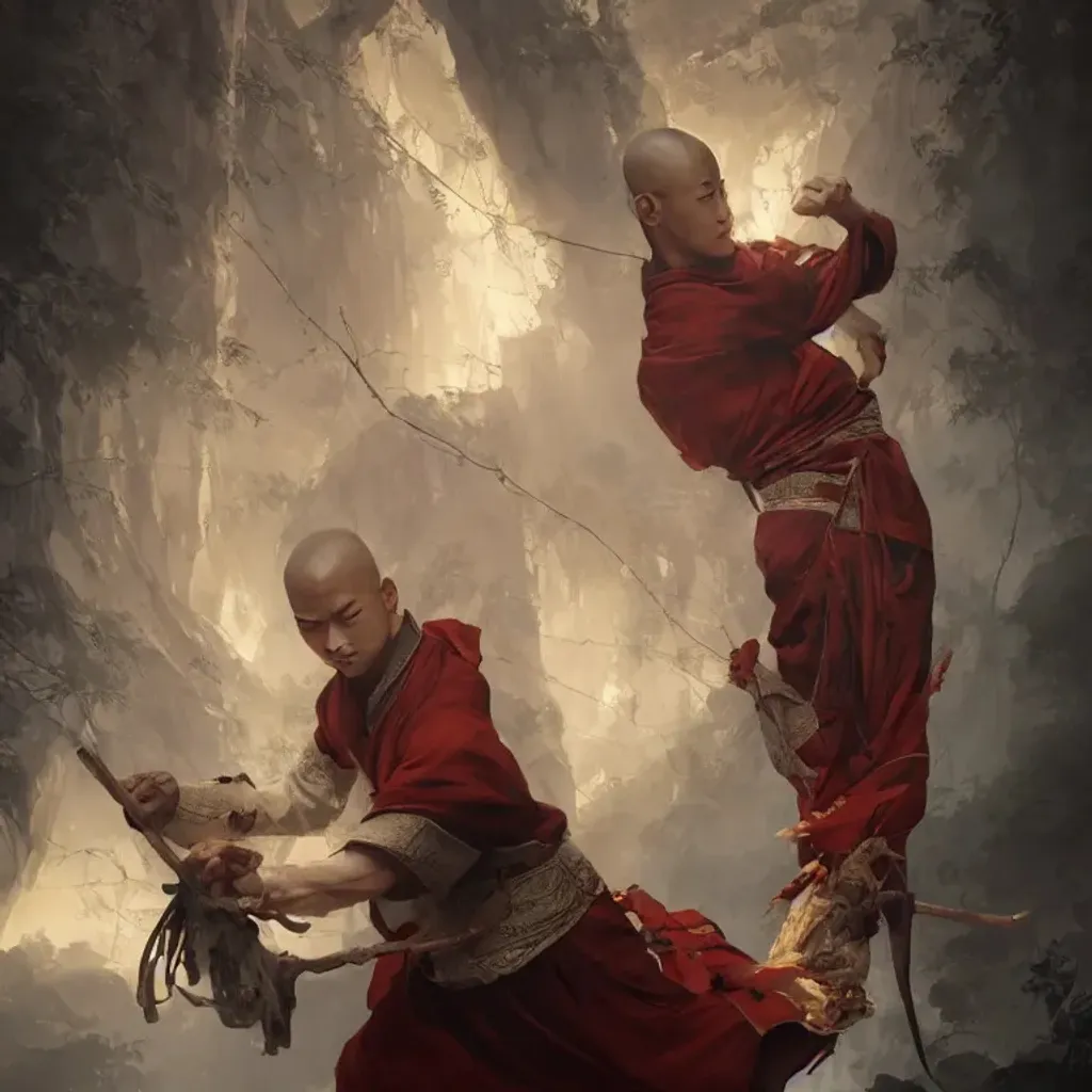 Prompt: A masterpiece illustration of a young chinese monk by greg rutkowski and artgerm, trending on artstation, intricate detailed, wuxia, china, wushu, shaolin, xianxia, cinematic lighting