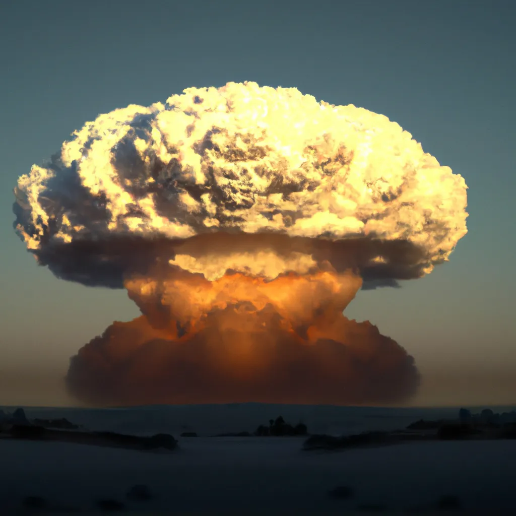 Prompt: Symmetry, sideview cinematic Aerial Drone shot,Mushroom cloud nuclear bomb explosion in a Dystopian Wasteland, digital art, award winning,4K,3D octane render, photorealistic,