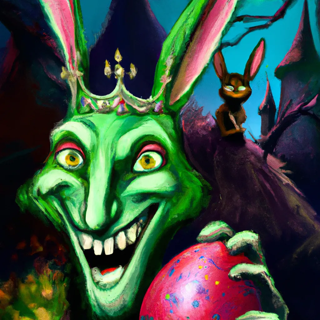 Prompt: Portrait of a creepy grinnig green easter bunny with long teeth and glowing red eyes holding An easter egg that has a crown. Witches searching for candy in the background. matte painting, bokeh. Elegant detailed digital art By Gil Elvgren and Tim Burton