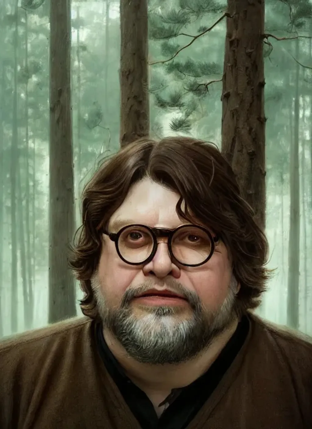 Prompt: Portrait of Guillermo del Toro with brown hair and with cute bearded face, pine forest, perfect composition, hyperrealistic, super detailed, 8k, high quality, trending art, trending on artstation, sharp focus, studio photo, intricate details, highly detailed, by greg rutkowski